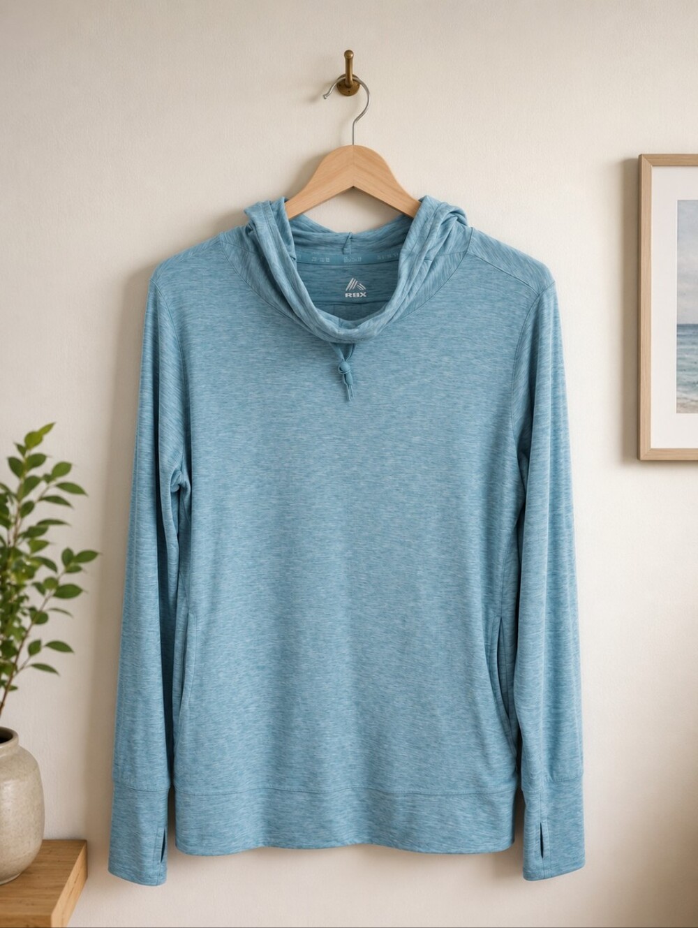 RBX Women’s Large Blue Heather Hooded Pullover Top Thumbholes Pockets Activewear